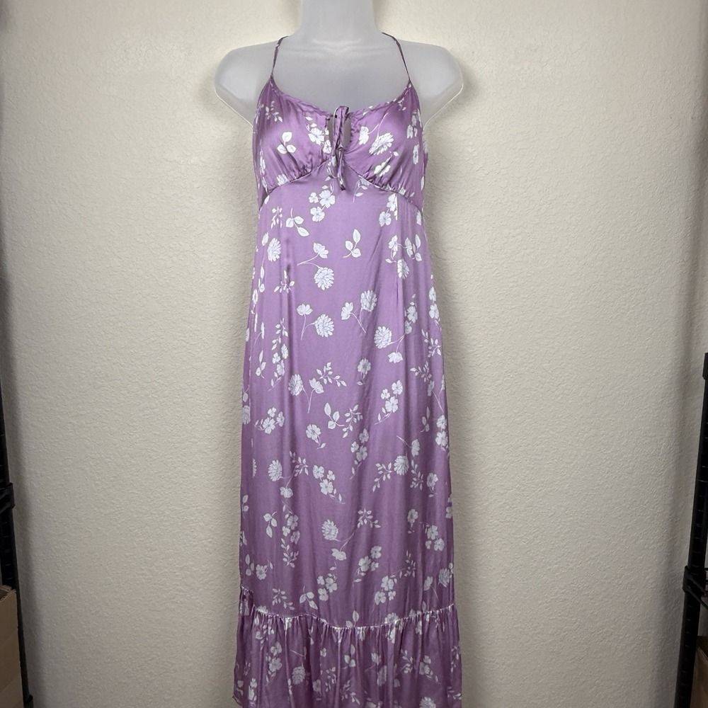 Saltwater Luxe Lilac Peony Floral Midi Slip Dress Tie Front Empire Waist Sz S - Picture 1 of 5